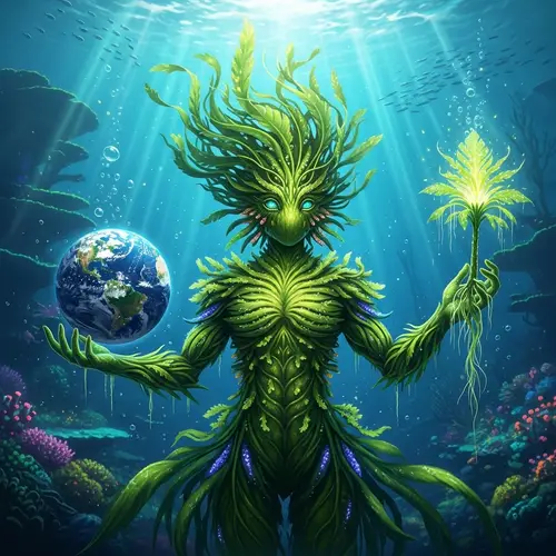 Mythical Green Seaweed Creature Holding World & Plant