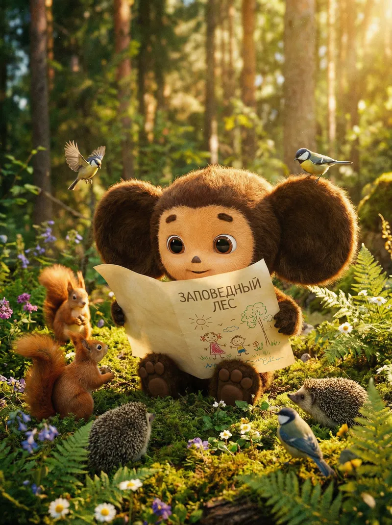 Cheburashka Holds Leaf for Letter in Forest