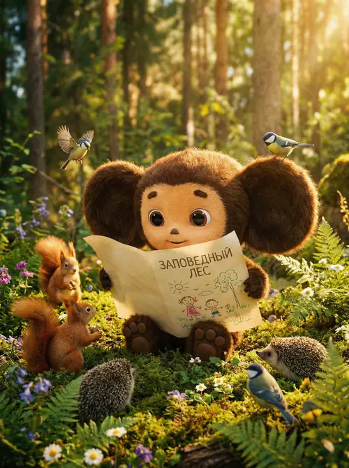 Cheburashka Holds Leaf for Letter in Forest