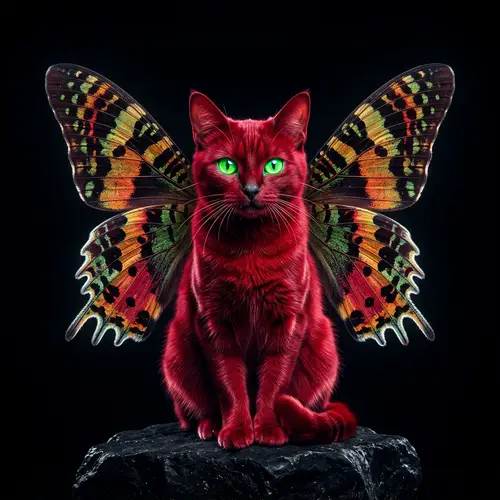 Cherry Red Cat with Neon Green Eyes and Butterfly Wings