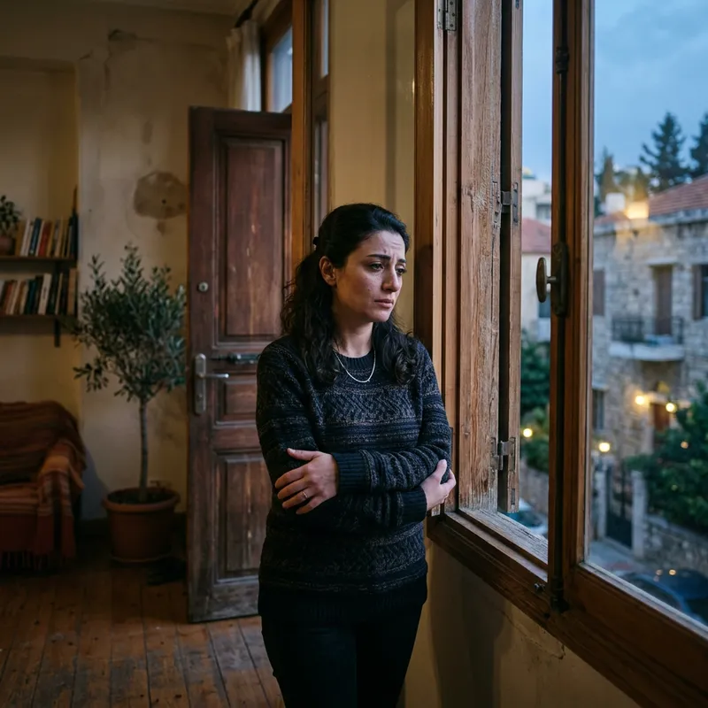 Contemplative Woman Standing by Window and Door Contemplative Woman Standing by Window and Door