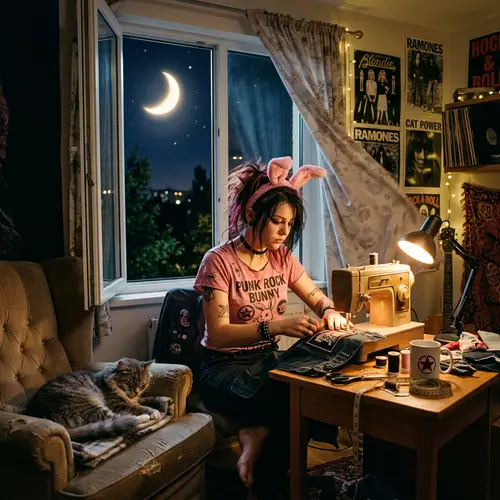 Rockstar Sewing with Cat by the Window