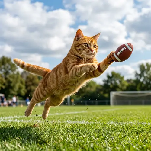 Excited Orange Tabby Cat Playing Football on Grass Field