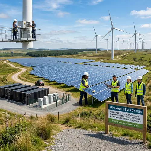 Renewable Energy Installation: Wind Turbines & Solar Panels View