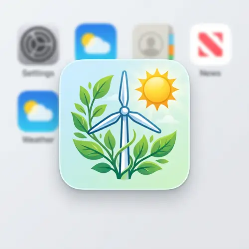 Renewable Energy Widget Icon - Green Leaf, Sun, Wind Turbine