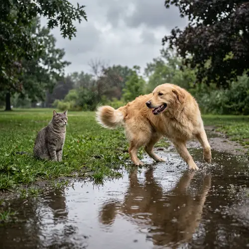 Playful Dog and Cat Outdoors | Rainy Day Fun