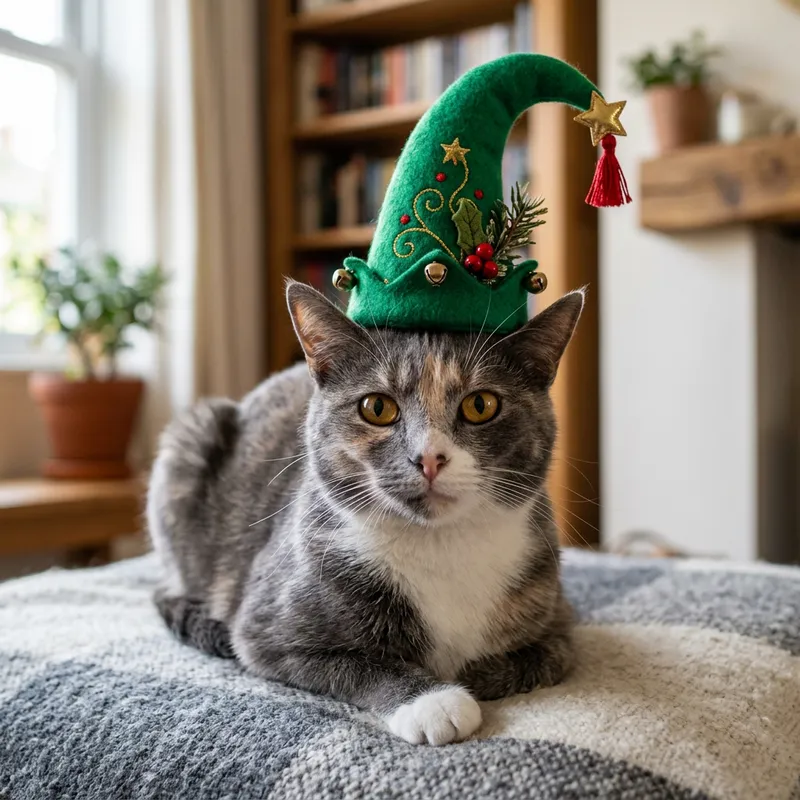 Cute Cat with Emerald Green Elf Hat