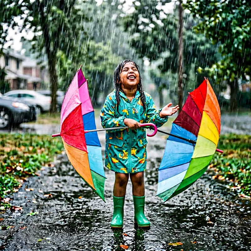 Chubby Girl Dances in Rain with Rainbow Umbrella