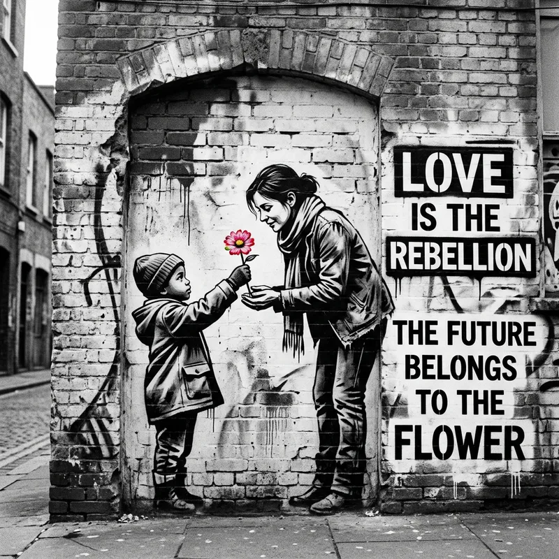 Banksy Style: Child Presents Flower to Mom in Graffiti Art