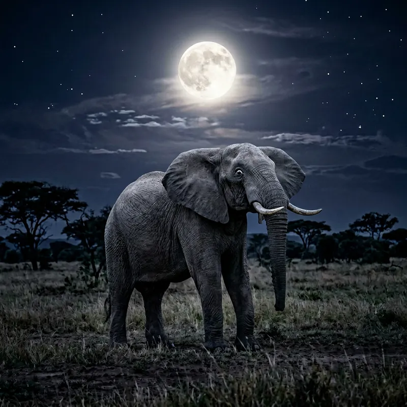 Elephant Afraid of Moon - A Nighttime Scene