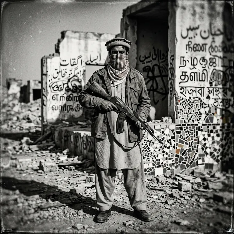 Confident Guerrilla Soldier in Barren Wasteland with Abstract Graffiti