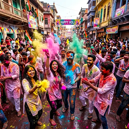 Vibrant Holi Celebration in India: Dynamic Street Scene