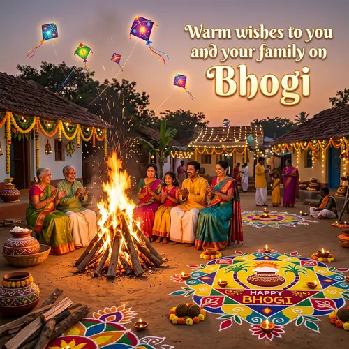 Festive Bhogi Greeting with Bonfires and Rangoli Designs