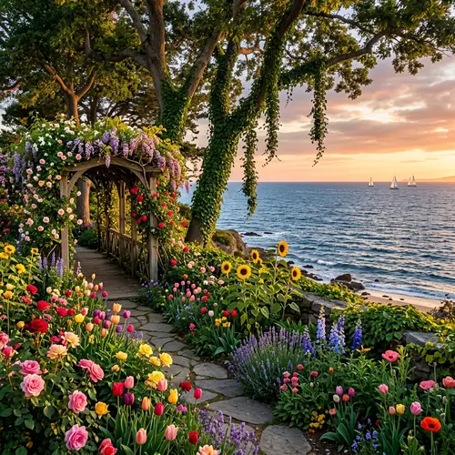 Tranquil Garden Oasis with Vibrant Flowers & Ocean Views