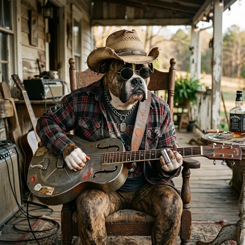 Cool Pitbull Playing Blues Slide Guitar in Grunge Style