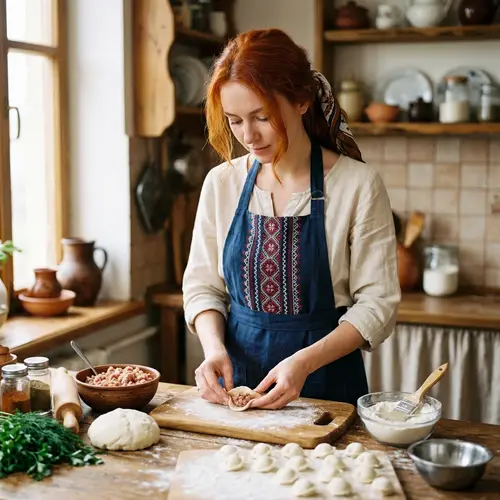 Slender Ukrainian Woman Making Siberian Dumplings in Kitchen