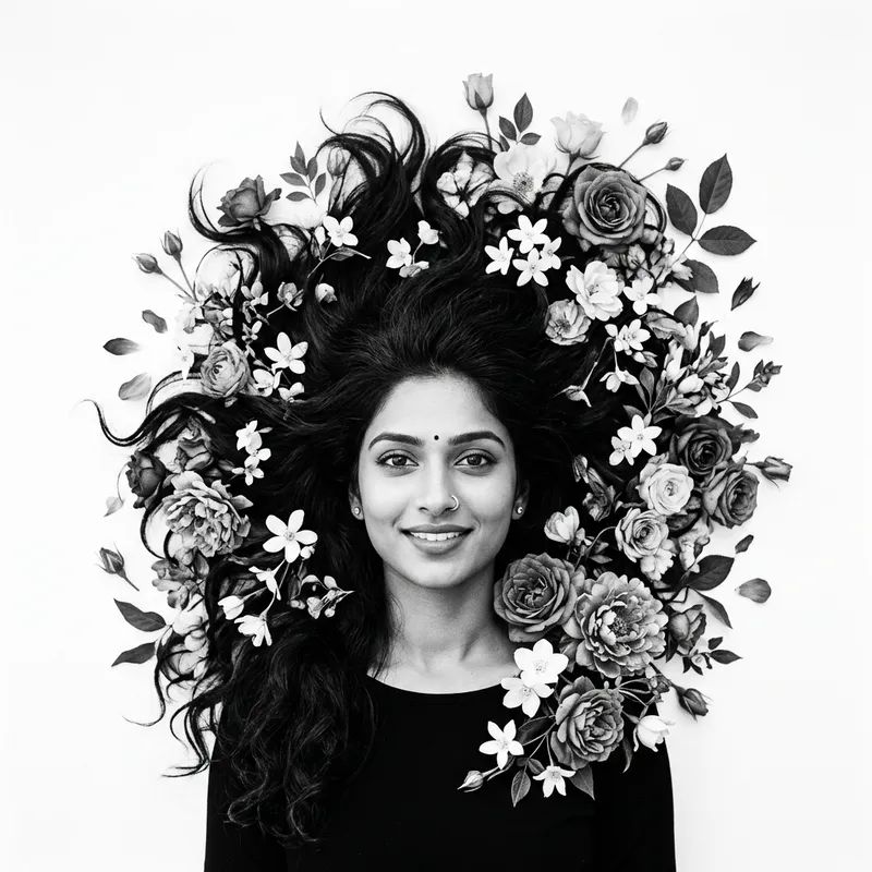 Modern Black and White Wall Art: Beautiful Woman with Flowing Hair and Flowers