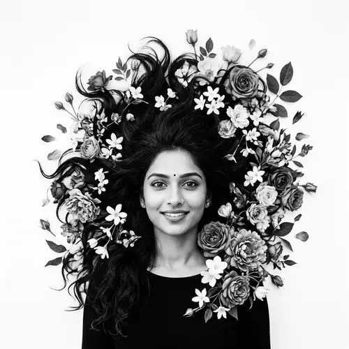 Contemporary Black and White Wall Art: South Asian Woman with Abundant Hair and Flowers