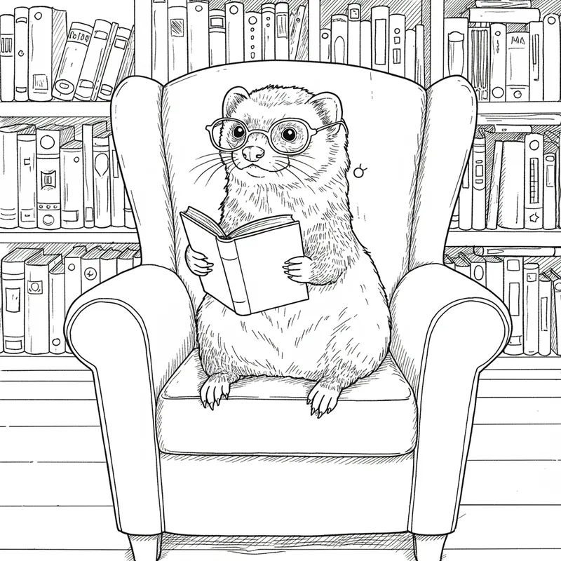 Ferret Reading in a Library - Coloring Page Art