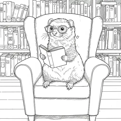 Ferret Reading in a Library - Coloring Page Art