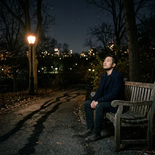 Solitude and Melancholy in City Park at Night - Emotional Scene