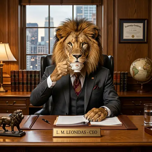 Majestic Lion Boss in Business Suit at Grand Oak Desk