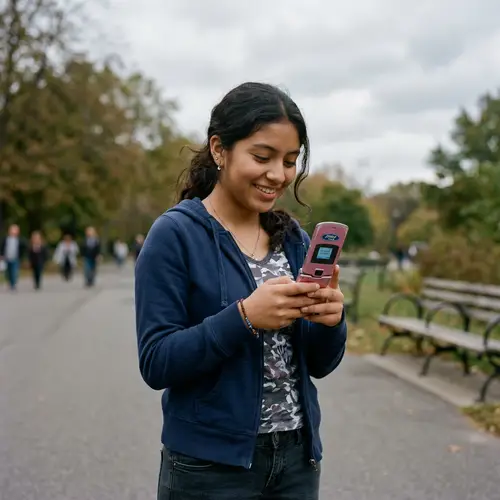 Hispanic Teen Girl with Pink Ford Mobile Phone Outdoors