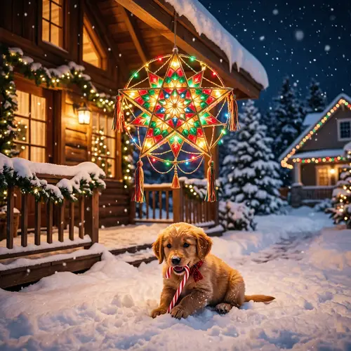Festive Christmas Parol with Playful Puppy