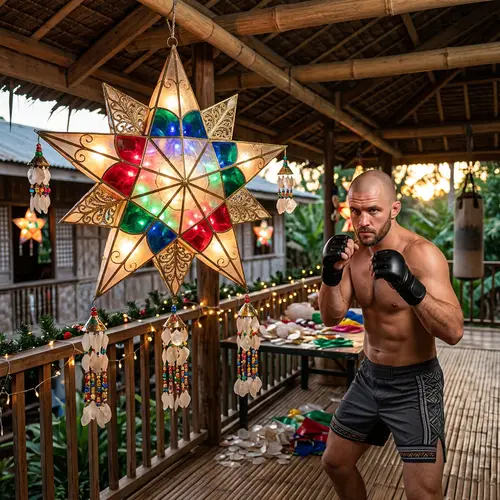 Colorful Christmas Parol Display with Martial Arts Fighter