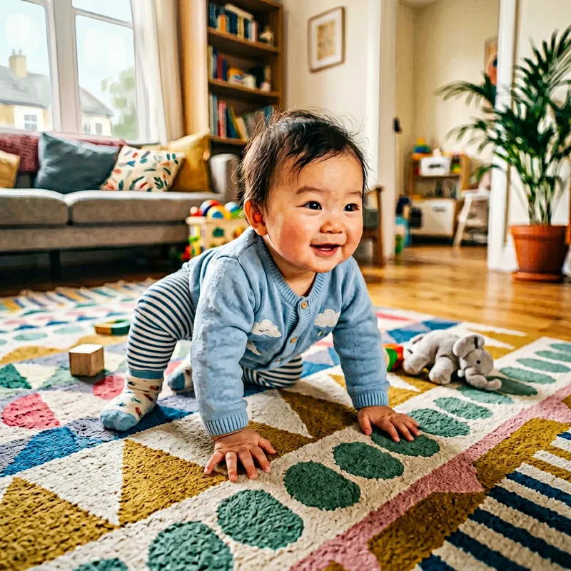 Joyful Baby Crawling on Colorful Rug | Innocence of Childhood
