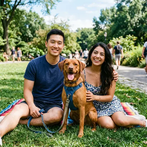 Joyful Brown Dog with Diverse Owners in Park | Warmth and Affection