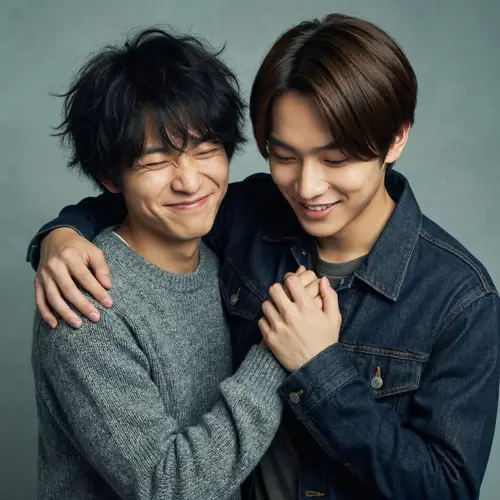 Asian Man Hugging Another - Expressing Joyful Brotherhood
