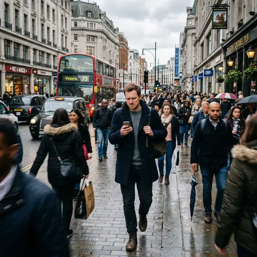 Man Doubts While Walking in Busy Street