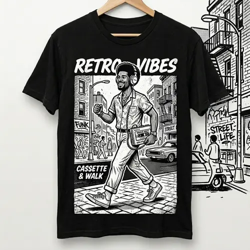 Vintage Black Man T-Shirt Design with Cassette Player | Cool Retro Tee