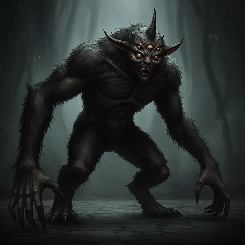 Scary Furry Creature with Horns and Three Eyes
