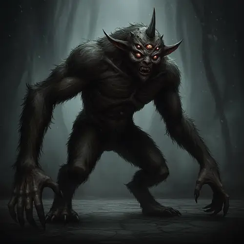 Scary Furry Creature with Horns and Three Eyes