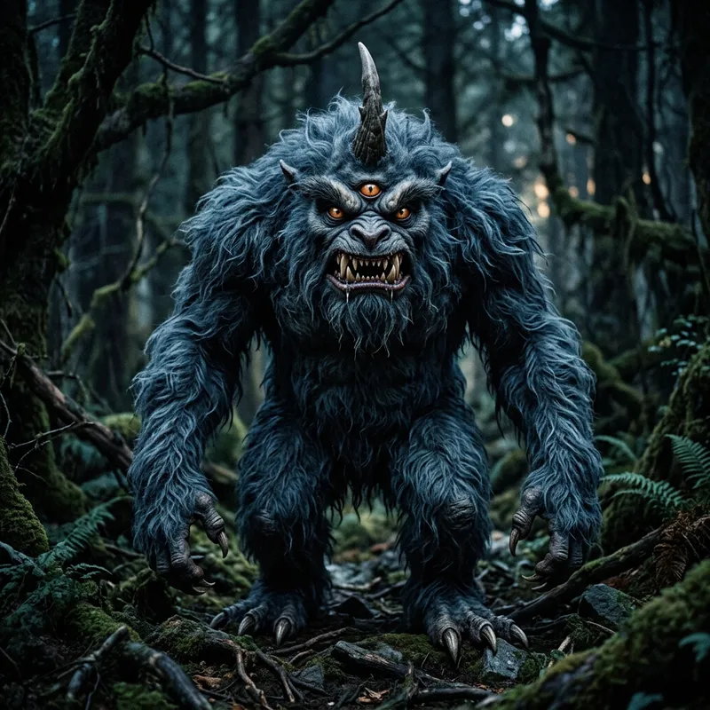 Scary Furry Creature with Horns and Three Eyes