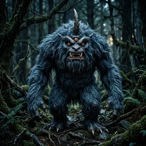 Scary Furry Creature with Horns and Three Eyes