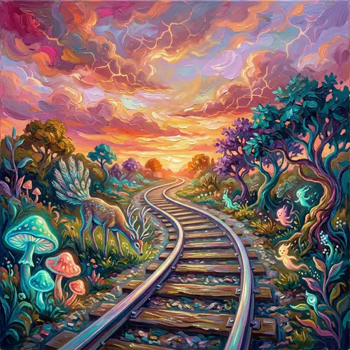 Surreal Landscape Oil Painting: Vibrant Colors & Imaginary Creatures