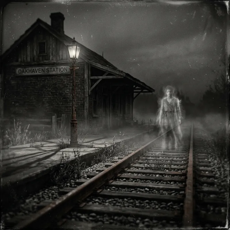 Vintage Haunted Train Station with Ghostly Apparition