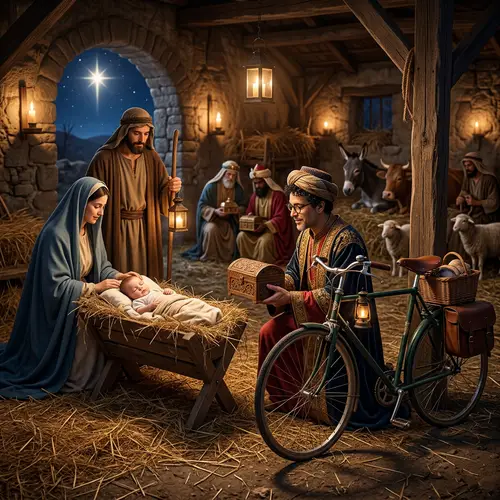 Wise Man with Bicycle - Nativity Scene Gift Presentation