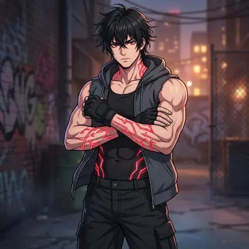Captivating Anime-Style Illustration of Muscular Man with Red Patterns