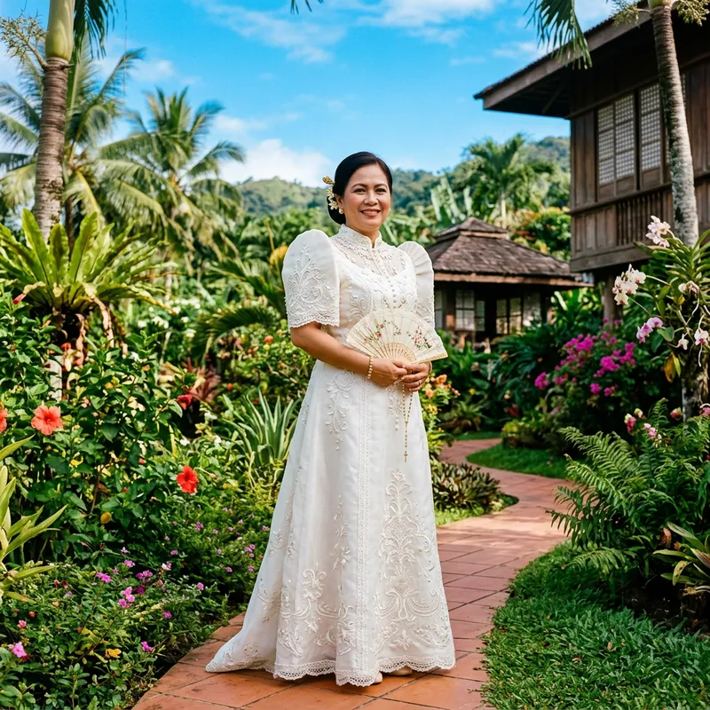 Traditional White Filipiniana Dress with High Sleeves