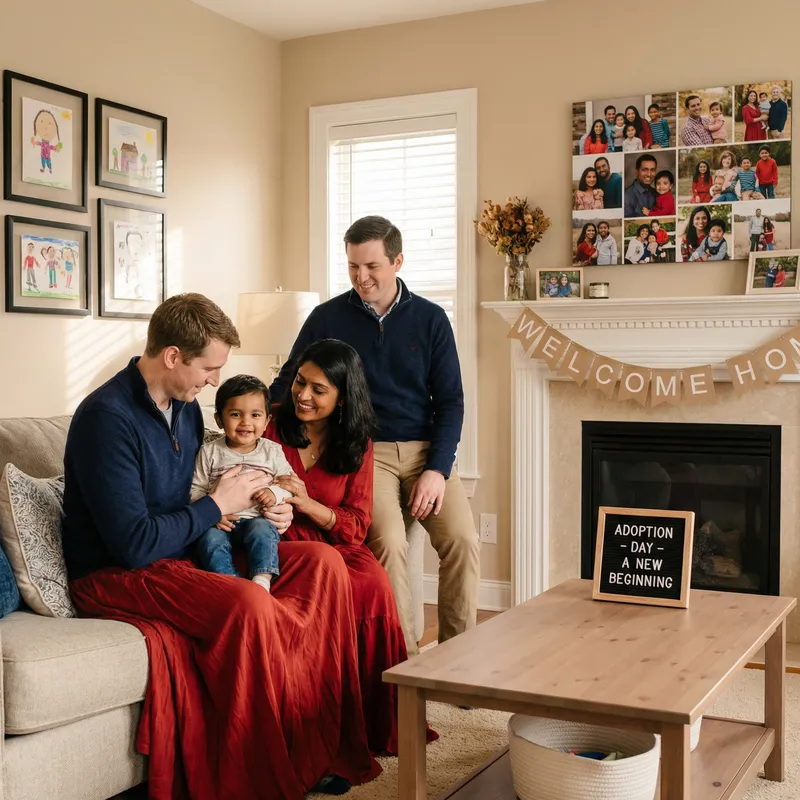 Joyful Adoptive Parents Embracing a Child | Adoption Scene