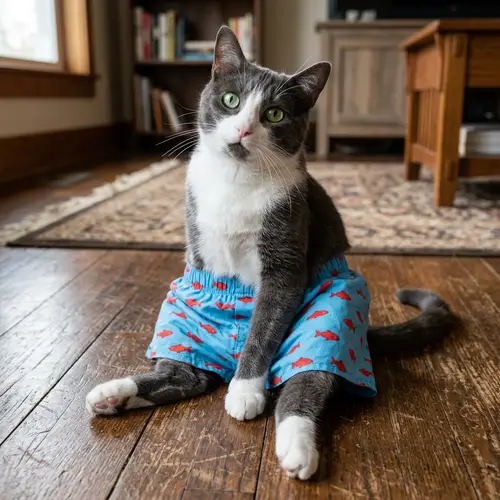 Charcoal Grey & White Cat in Comedic Boxer Shorts | Green-Eyed Feline