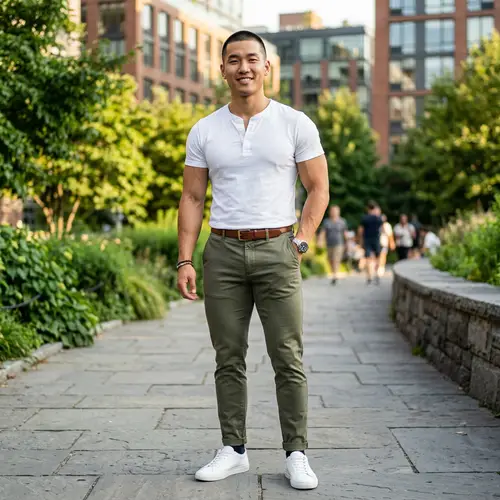 Stylish Asian Man in Tapered Chinos and Henley