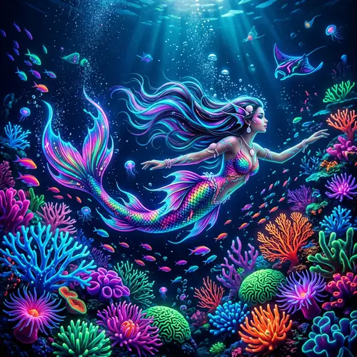 Vivid Underwater Fantasy - Graceful Mermaid in Neon Colors