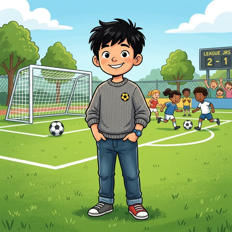 Cartoon Drawing of 8-Year-Old Boy Playing Soccer