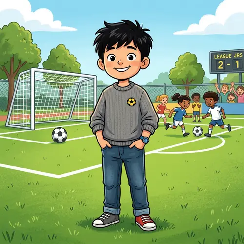 Cartoon Drawing of 8-Year-Old Boy in Soccer Field