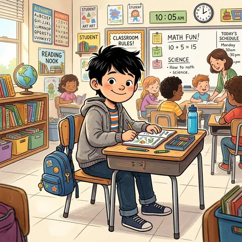 Cartoon Drawing of 8-Year-Old Boy in Classroom